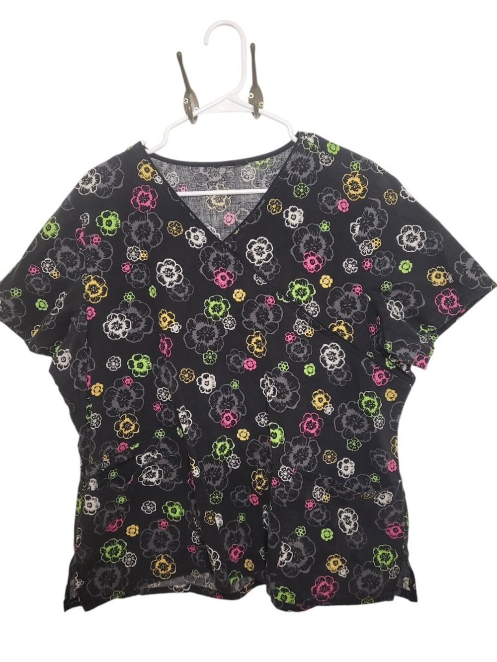 Cherokee Floral V-Neck/Mock-Wrap style Black & Multi Color Nurse Scrub Top